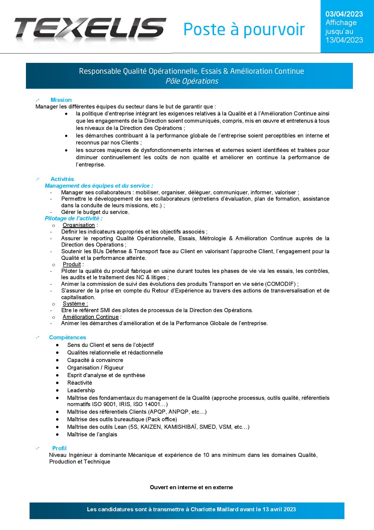 Responsable Qualité Opérationnelle, Essais & Amélioration Continue