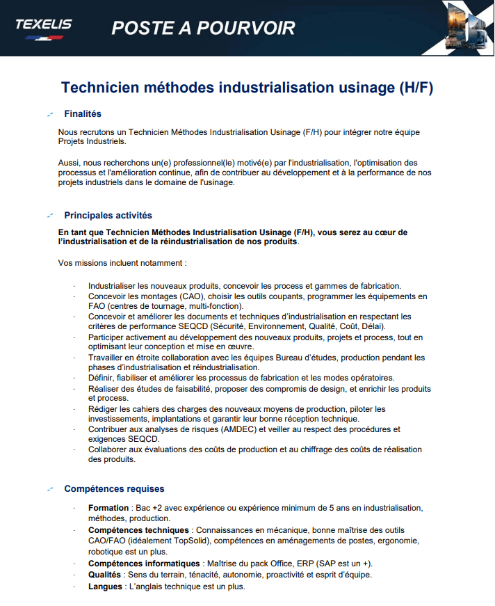 Technicien méthodes industrialisation usinage