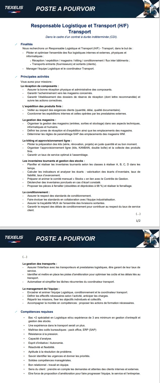 Offre d'emploi - resp log et transport (H/F)