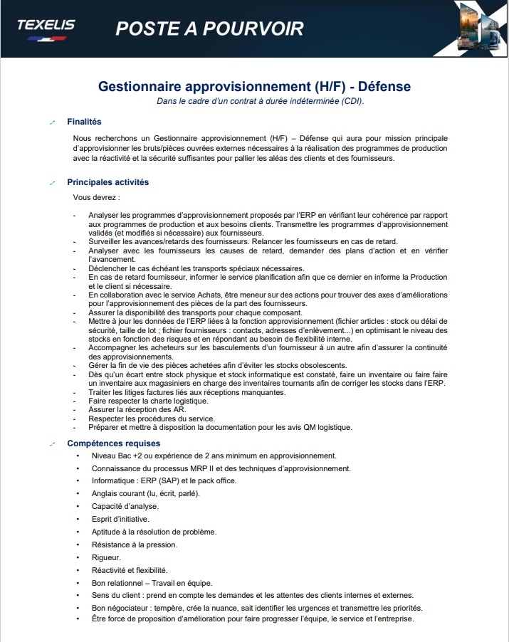Offre d'emploi - Gestionnaire appro (H/F)