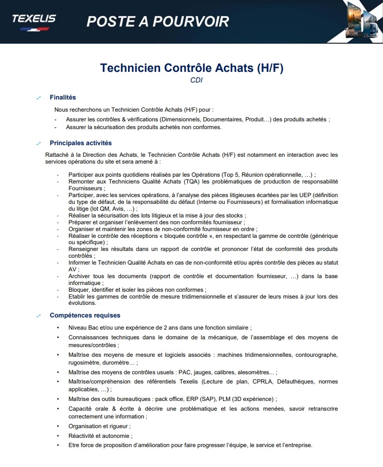 Offre d'emploi - Technicien Contrôle Achats (H/F)