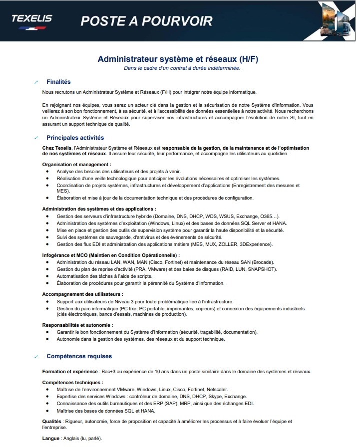 Offre d'emploi - Administrateur système et réseaux (H/F)