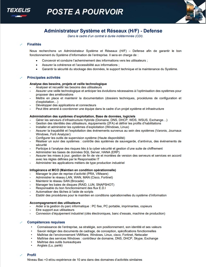 Offre d'emploi - admin systeme et réseau (H/F)