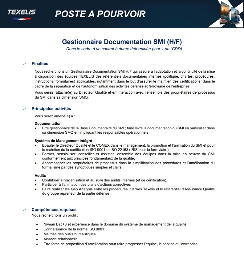 Offre d'emploi - gestionnaire documentaire SMI (H/F)