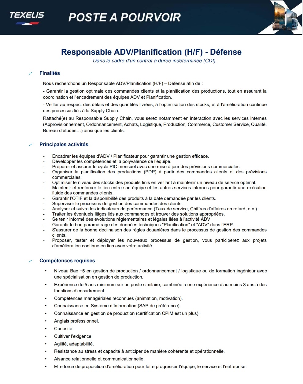 Offre d'emploi - resp ADV / Planif (H/F)